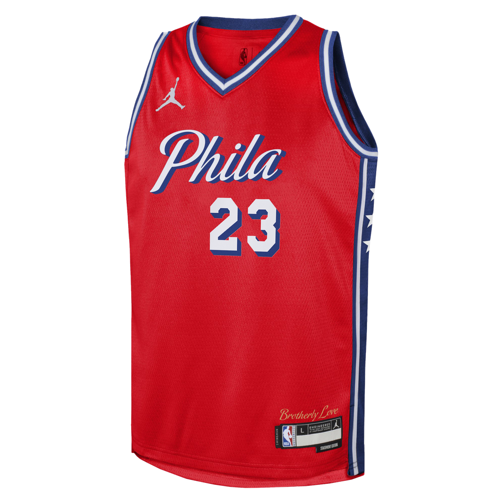 Philadelphia 76ers Jordan Brand Statement Edition Swingman Jersey - Red - LeBron James - Youth